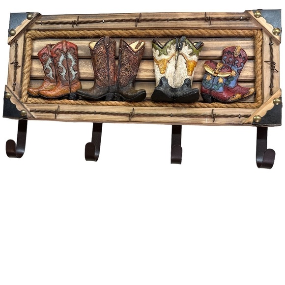 Western Rustic Cowboy Boots Hanger Wooden Entranceway Coat/Key Rack - Picture 10 of 11
